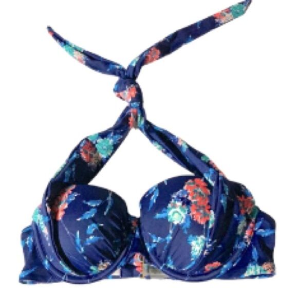 VICTORIAS SECRET VS Floral Push Up Bikini Blue Halter Swim Bra Top Womens 32B - Picture 3 of 10
